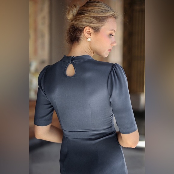 GAALA PARIS Alexane Black 100% Silk High Mock Neck MIDI Ruffle Evening Dress - Picture 14 of 17